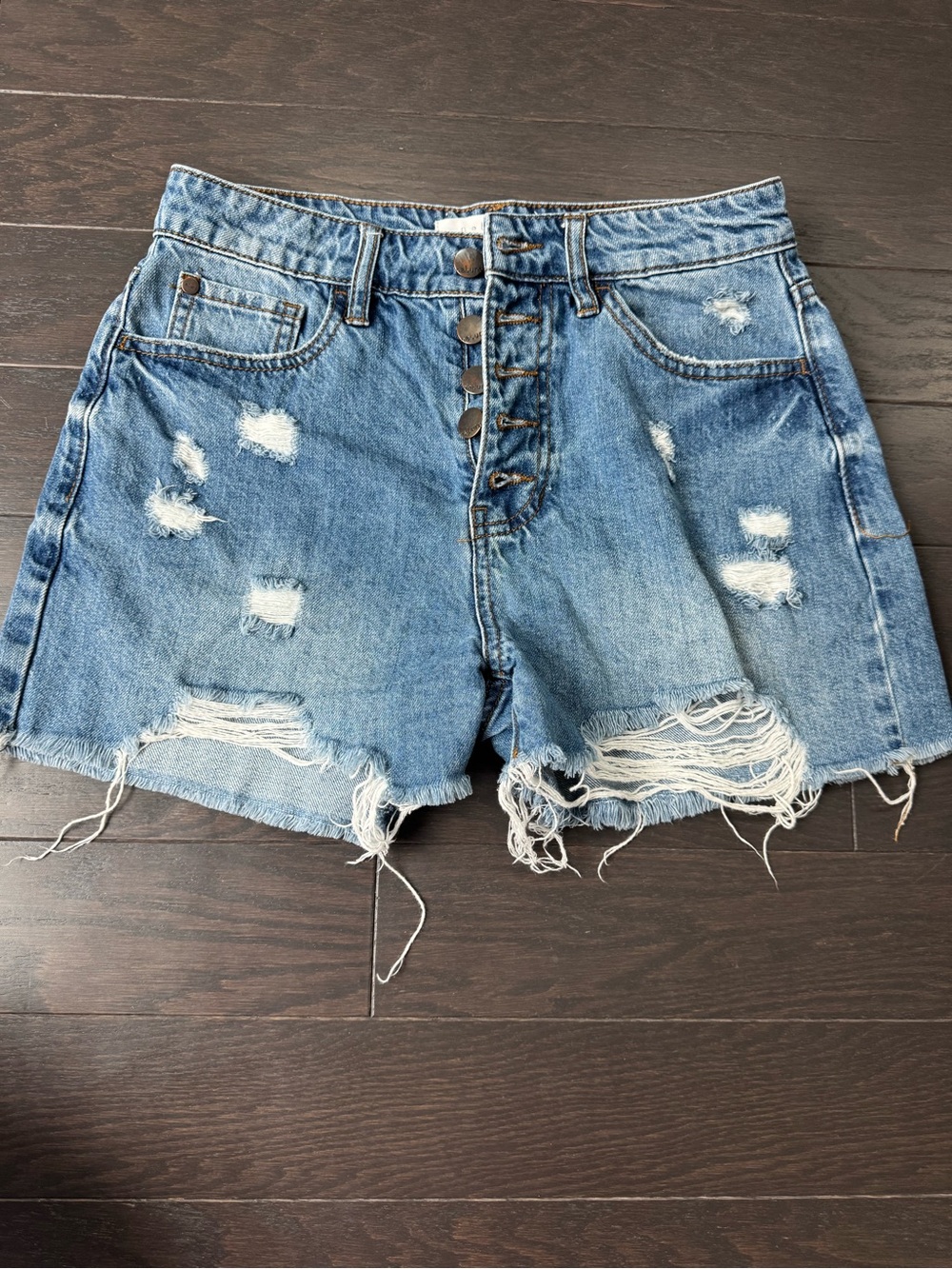 Distressed High-Rise Denim Shorts - Light Blue